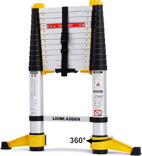 Lionladder 12.5FT EN131-6 Telescoping Ladder, One-Button Retraction, Pro Aluminum Ladder, 330 Lbs Capacity