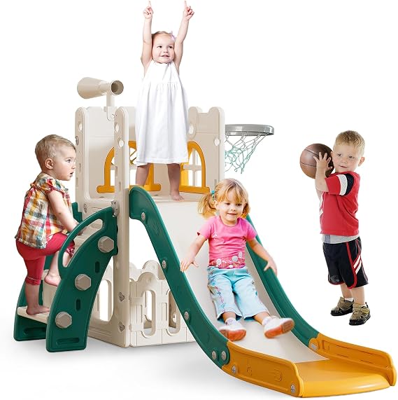 Toddler Slide for Kids with Climber Basketball Hoop, Storage Space, Telescope Kids Indoor Slide Baby Slide for Outdoor Play Upgraded Toddler Indoor Playground with Wider and Longer Slideway Upgraded