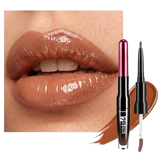 LANGMANNI 2-in-1 Lip Liner & Gloss Duo,Shade 03 Warm Caramel Brown