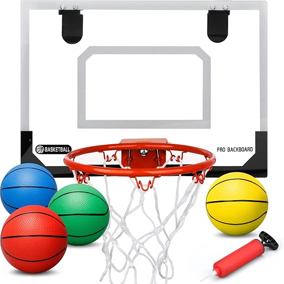 Mini Indoor Basketball Hoop Over The Door, Basketball Hoop Set for Home Dorms Wall Mounted Garage with 4 Balls and Pump, Gifts for Teen Boys Girls