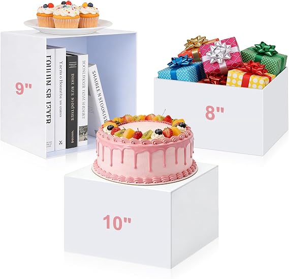 Acrylic Buffet Risers 3 Pcs 8x9x10 Inch Food Cake Display Riser w/ Signs a Pen Catering Dessert Jewelry Figures Rack Collectible Table Decor Fruit Bread Container Display Stand White Cube Showcase Box