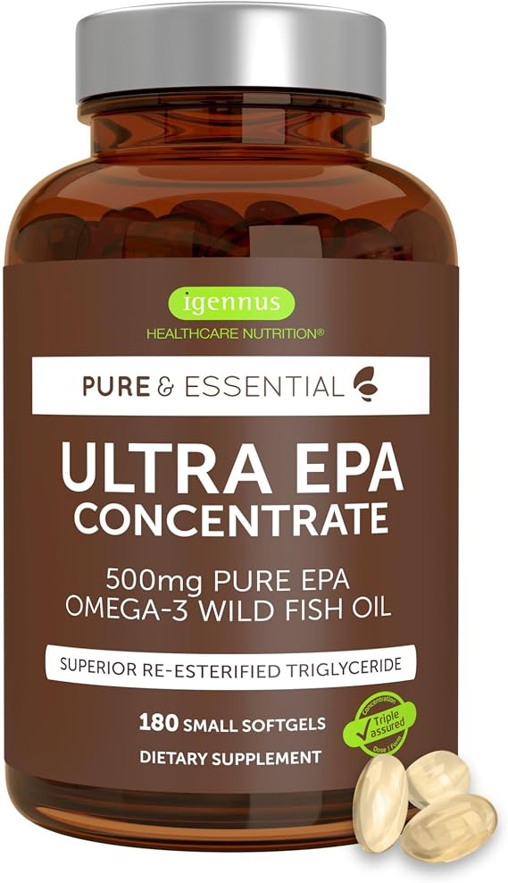 Igennus Ultra EPA Omega 3 500mg, DHA-Free, 180 Softgels | IFOS-certified high-EPA rTG fish oil in small softgels; concentrated, ultra-pure and non-GMO