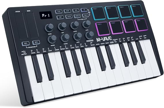 M-VAVE 25 Keys 8 Backlit Drum Pads MIDI Keyboard Professional Beat Maker and Keytar for Keyboard Music Production Builtin Battery Wireless Connect Black