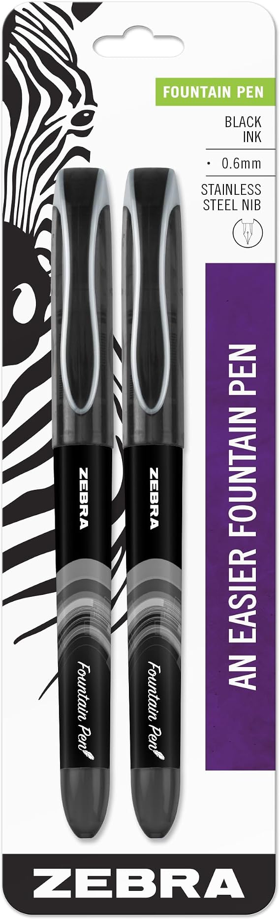 Zebra Pen Fountain Pen, Free-Flowing Liquid Black Ink, 0.6mm, 2-Pack
