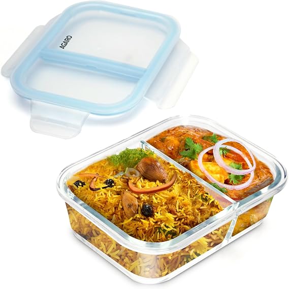 AGARO Elite Two Compartment Lunch Container, Borosilicate Glass Body, Leakproof Locking Lid, Airtight Tiffin Containers, Microwave Oven Safe, 600Ml, Transparent