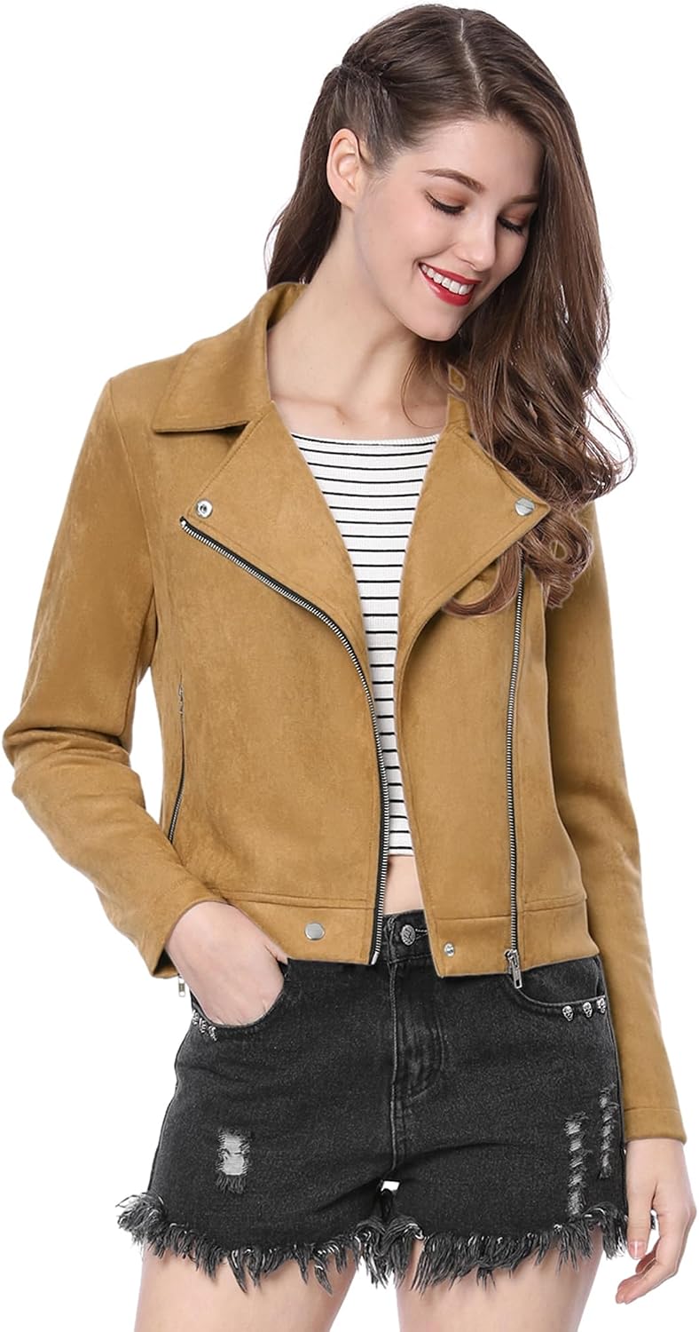 Allegra K Womens Short Soft Zip Up Faux Suede Biker Moto Jacket