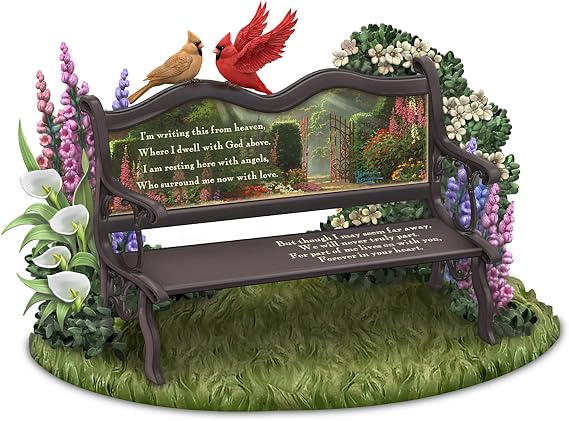 The Hamilton Collection Until We Meet Again Remembrance Sculpture Featuring A Park Bench with Artwork by Artist Thomas Kinkade & Adorned with Sculpted Flowers & Cardinals