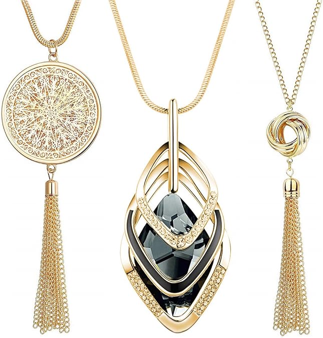 3PCS Long Pendant Necklaces for Women Disk Circle Pendant Triple Stack Pendant Necklace Tassel Sweater Necklace Statement Necklace Y Necklaces Set