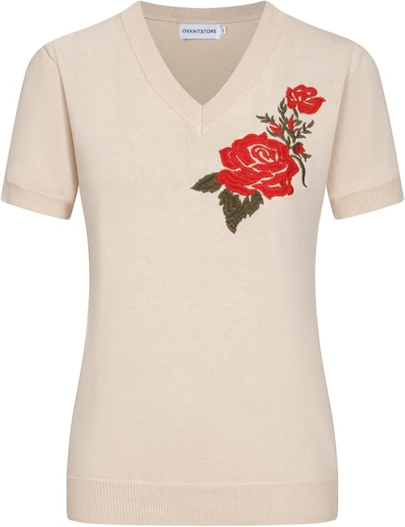 OXKnit Women's Short Sleeve Flowers Knitted Vintage T-Shirt, 1960s Retro Casual Cotton V-Neck T-Shirts