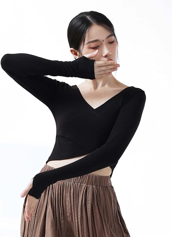 Teen Girls Women Ballet Wrap Top, Long Sleeve Dance Shirt for Yoga, Workout, Athletic with Thumb Hole, 2 Wearings