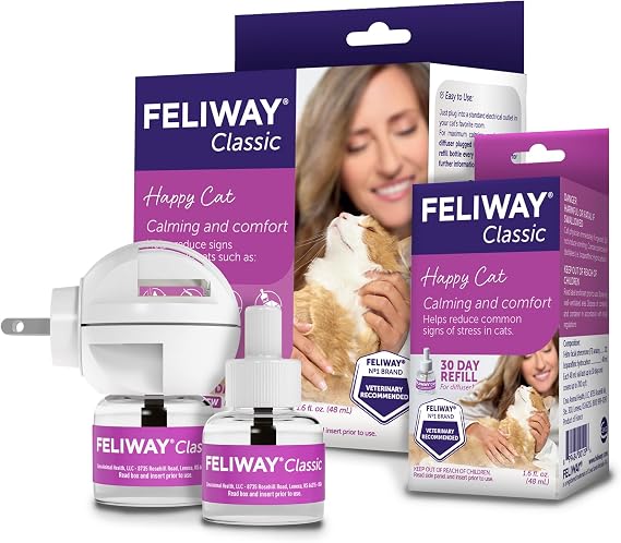 FELIWAY Classic Cat Calming Diffuser Kit and 1 Pack Refill Helps Reduce StressRelated Behaviors Like Urine Spraying, Scratching, and Hiding 30Day Cat Pheromone Plug in Diffuser | Helps Reduce StressRelated Behaviors Like Urine Spraying, Scratching, and Hiding