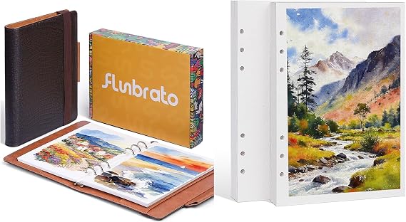 Watercolor Sketchbook A5 Bundle with Refill Paper, 100% Cotton Hot Press 300GSM 140LB, 24 Sheets + 48 Sheets Hot Press Refill, Dual-Sided Texture, Refillable Journal for Mixed Media