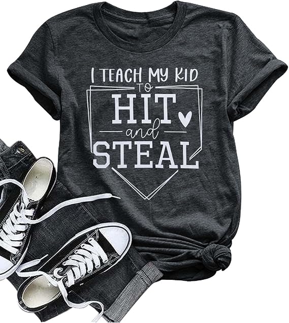 VILOVE Baseball Mama Shirt Women I Teach My Kids to Hit and Steal Shirt | Baseball Mama Shirt Women I Teach My Kids To Hit And Steal Shirt Baseball Mom Tshirt Baseball Heart T Shirt