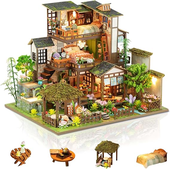 DIY Miniature House Kit for Adults, Tiny House with LED Lights | Cozy Home Decor Craft Kit, Unique Gift for Christmas, Birthdays, Mother's & Valentine's Day, Bamboo Spring Courtyard