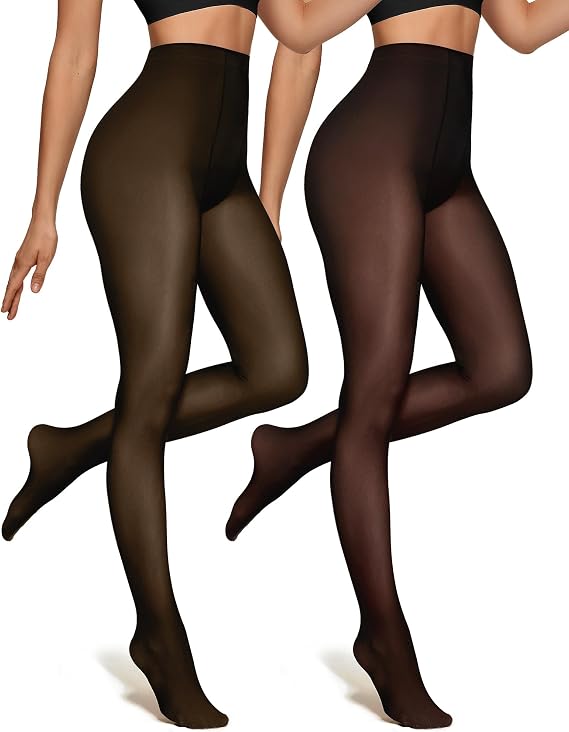 OEAK Womens 2 Pack Fleece Lined Tights Fake Translucent Pantyhose Thermal Opaque High Waisted Leggings Footed Sheer Tights