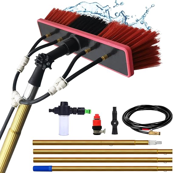 Telescopic Window Cleaning Brush with Soap Dispenser - 8.5m Water Fed Pole 55cm Brush for Solar Panels Roofs & Trucks - Ultimate Efficient Cleaning Tool