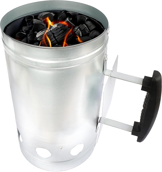 Navoys Charcoal Barbecue Chimney Starter - Safety Handle, Quick Start Lighting Kit, Camping Grilling BBQ, Galvanised Iron Sheet Finish, Heavy Duty, Outdoor Activity Accessories