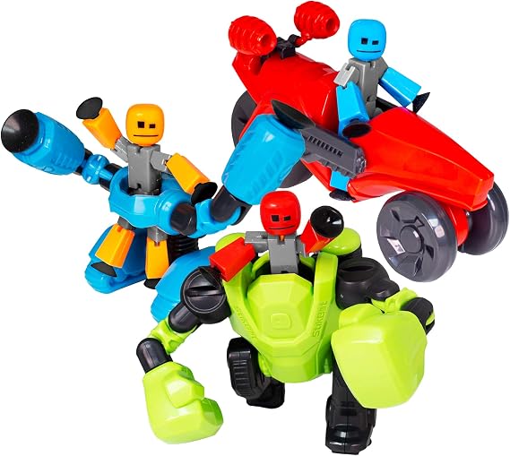 StikBot Zing Megabots 3 Pack, Complete Set of 3 Possable Action Figures and Mega Vehicles, Turbo Cycle, Knockout and Avalanche