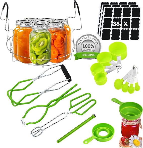 Canning Supplies Starter Kit Stainless Steel Canner Tools Set with Canning Rack, Jar Lifter Tongs, Funnel, Labels, Jar Wrench for Canning Pot Accessories (Light Green with Rack)