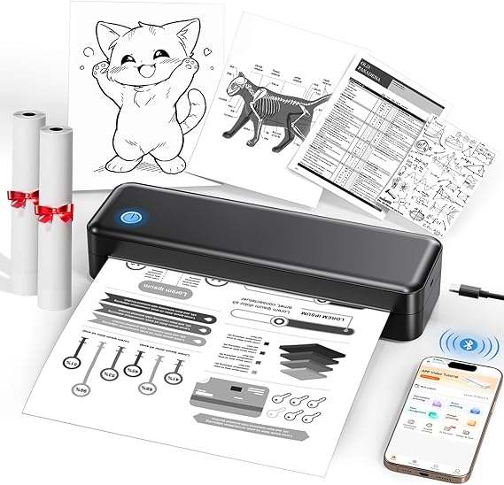 PEDOOLO Portable Printer Wireless for Travel, Inkless Thermal Printer Supports 8.5 x 11 Inch Thermal Paper, Bluetooth Compatible with iOS, Android, Laptop Includes 2 Rolls & 10 Sheets of Paper Kit
