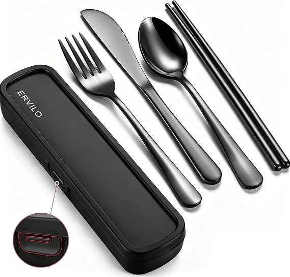 Travel Cutlery Set with Case, Stainless Steel Camping Utensils, Reinforced Case with Snap-Lock Closure, Include Fork Spoon Knife Chopsticks, Portable Lunch Box Silverware for Picnic Office, Black
