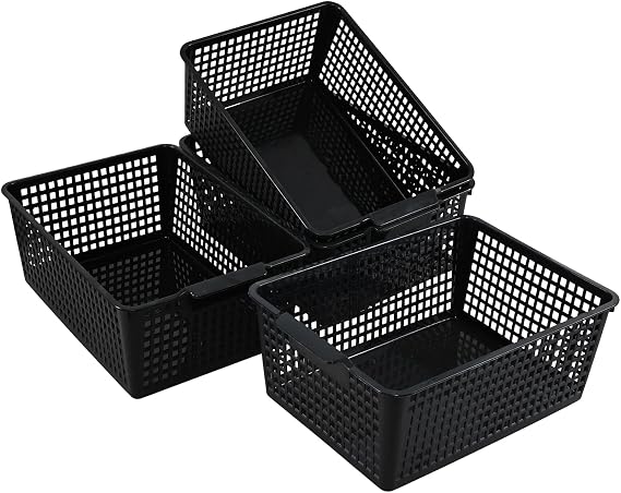 4-Pack Plastic Rectangular Storage Baskets, Kitchen Cupboard Organiser Basket, Storage Basket for Shelves(Black)