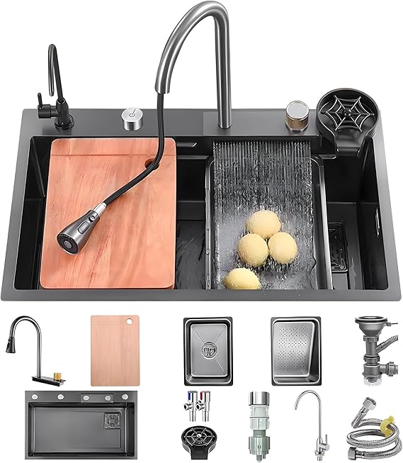 Kitchen Sink 80 x 45 cm, Stainless Steel, Undermount, Modern, Black-gray-b, 4 Holes, 22 cm Deep