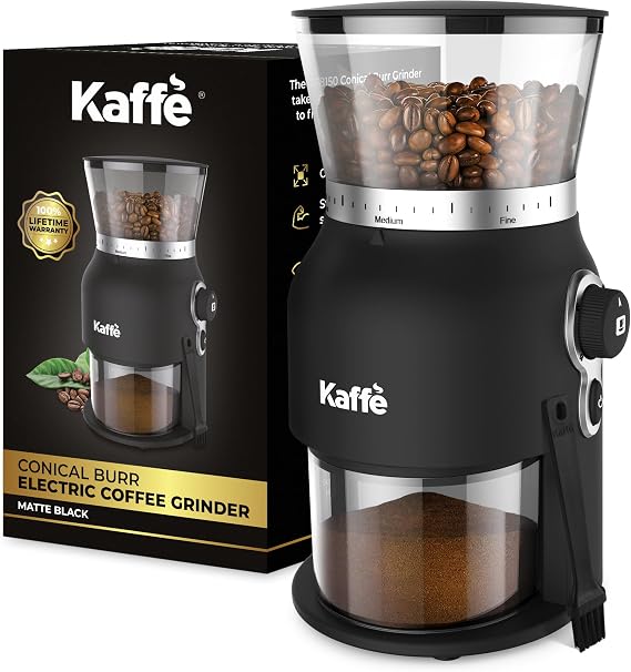Kaffe Electric Burr Coffee Grinder (5.5oz) - Conical Burr - 25 Adjustable Coarseness Levels - Matte Black - Cleaning Brush Included