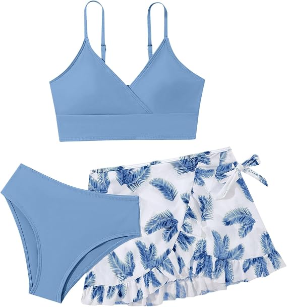 Girls 3 Piece Tankini Swimsuits Children Girls' Bikini Bathing Suits Floral Print Bikini Set with Skirt Cover Up Swimwear Swimsuit Beach Swimming Shorts for Teen Junior Girl