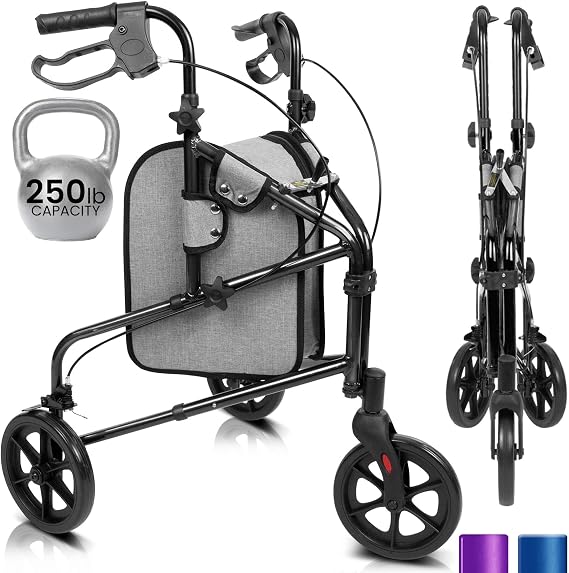 Vive Mobility 3 Wheel Walker for Seniors - Foldable Narrow Rollator Walker | Ultra Lightweight Folding Three Wheeled Rolling Walker- Narrow for Small Doorways- Heavy Duty for Elderly Men & Women w/ Bag