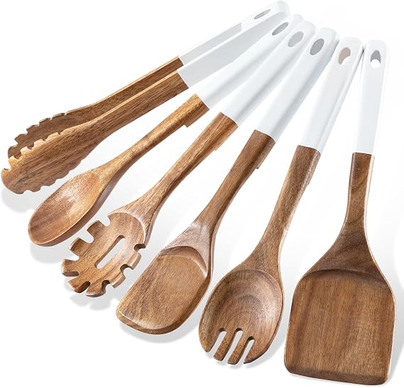 Wooden Spoons For Cooking, 6 PCS Natural Acacia Wooden Cooking Utensils, Smooth Grip Wood Cooking Spoons with Hanging Hole, Non-Stick Wooden Utensil Set for Kitchen Essentials, White