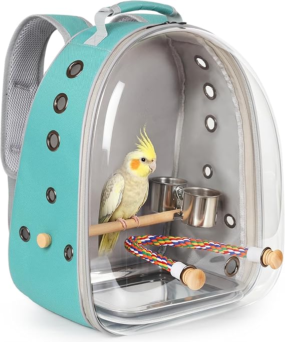 Bird Traval Carrier Cage, Multi Vent Holes Clear Space Capsule Astronaut Backpack to Carry Parakeet Cockatiel Parrot with Metal Tray Wood Perch, Vet Transport Bag