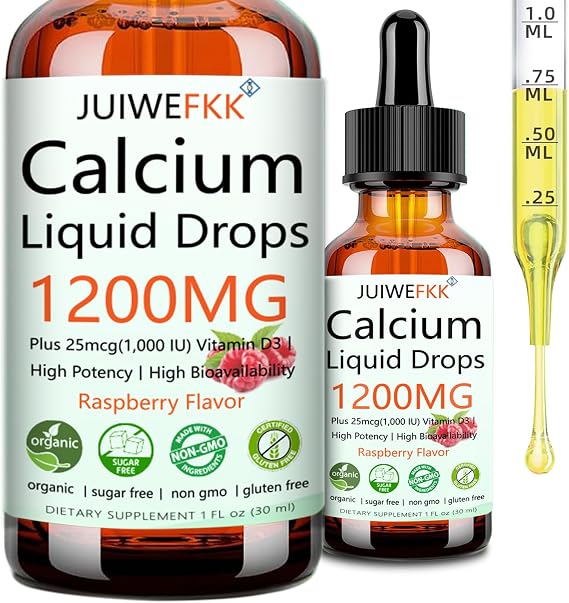 Calcium 1200mg with Vitamin D3 Liquid Drops, Extrat Strength 4-in-1 Calcium Citrate w. Vitamin D3 K2 B12 for Adult & Kids, Support Immune Bone Teeth Colon Heart Health, Non GMO Gluten Free 30 Servings