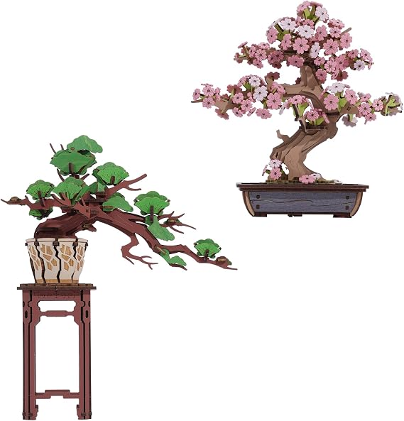 Rowood 3D Wooden Puzzles for Adults, DIY Cherry Blossom Bonsai Tree Boudle Evergreen Pine Bonsai, Craft Kit Gift