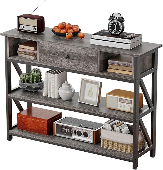 CAIYUN Console Table with Drawer Shelves, 100cm Hallway Table with Storage Shelves, Industrial Wood Entryway Sofa Table for Living Room, Couch, Foyer, Kitchen Counter，Grey