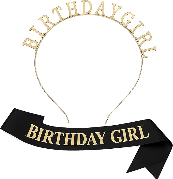 Birthday Crown and Sash Set, Gold Tiara Headband with Black and Gold Birthday Party Decorations and Accessories