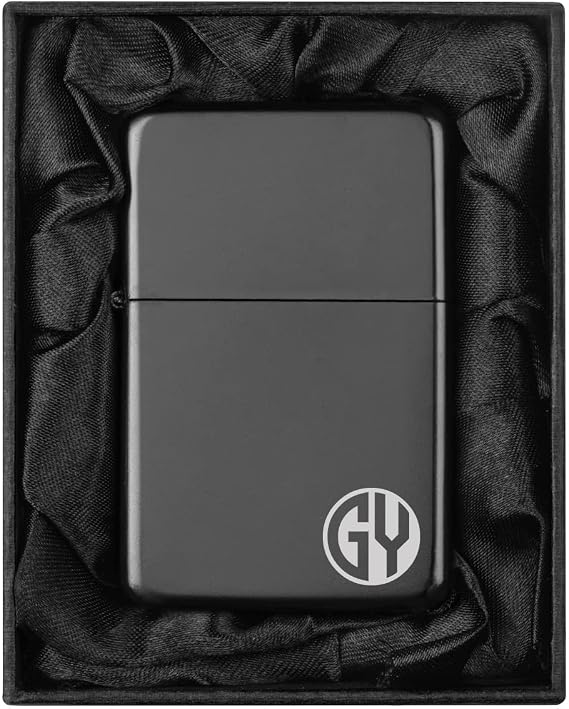 Custom Personalized Engraved Lighter in Black Silk Lined Gift Box (Circle Monogram 2, Black)