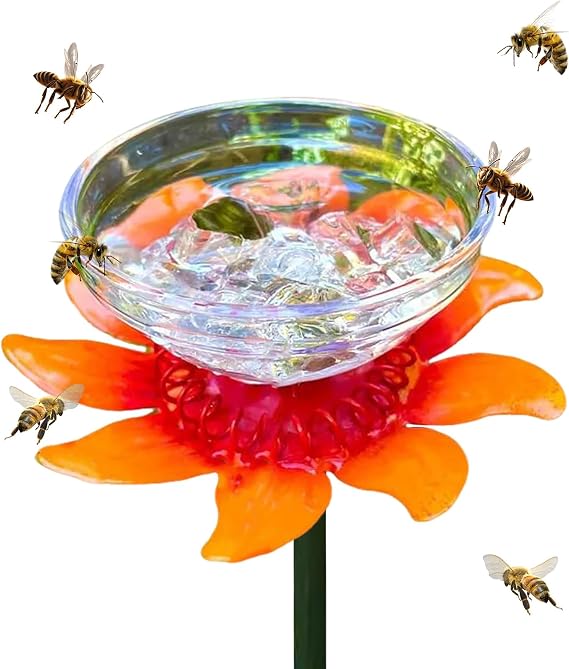 Decorative Glass Bee Watering Station, Garden Flower Feeder with Metal Stake, Multi-Color Petals, 27cm Height, Butterfly Water Bowl (Orange)