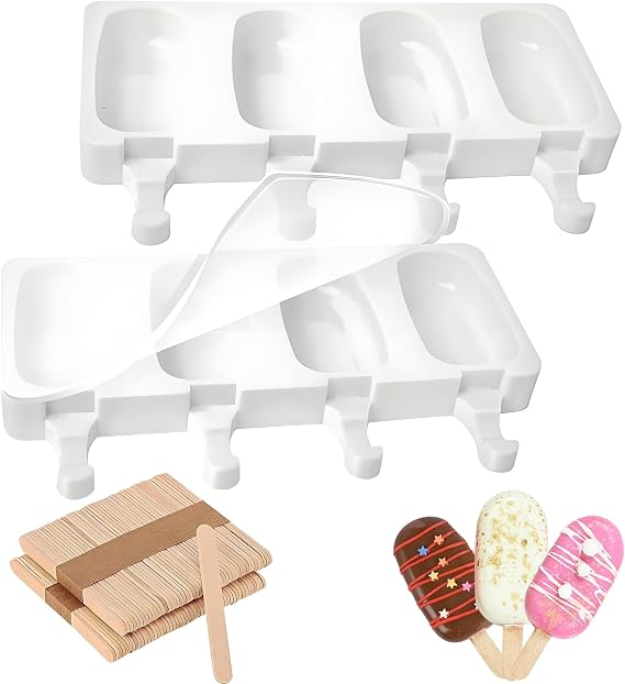 2 Pack Silicone Popsicle Molds, 4 Cavities Oval Ice Cream Pop Molds with 100 Wooden Sticks, Clear Reusable DIY Homemade Ice Pop Maker