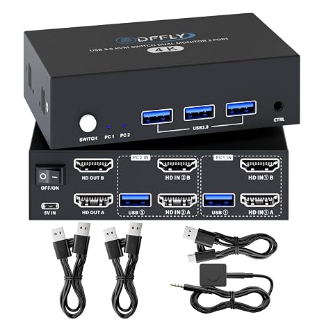 USB 3.0 HDMI KVM Switch 2 Monitors 2 Computers 4K@60Hz, KVM Switches Dual Monitor with 3 USB 3.0 Ports Sharing Keyboard and Mouse, Printer/Scanner, Desktop Controller, EDID Compatible