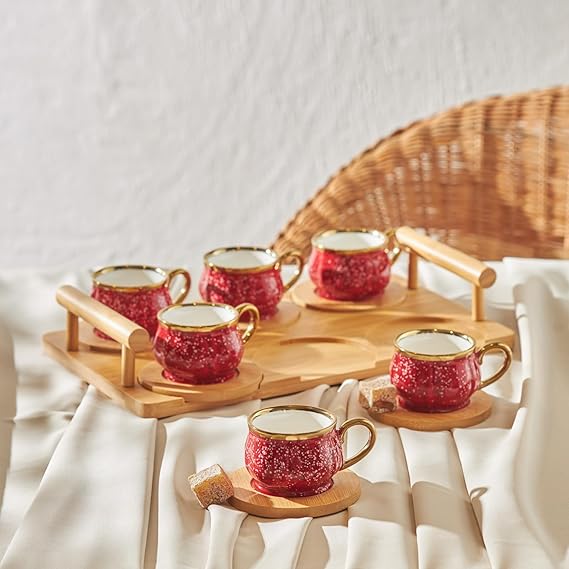Karaca New Generation Bone Espresso Turkish Coffee Cup Set with Bamboo Tray for 6 People, 12 Piece, 90ml, Red Multi