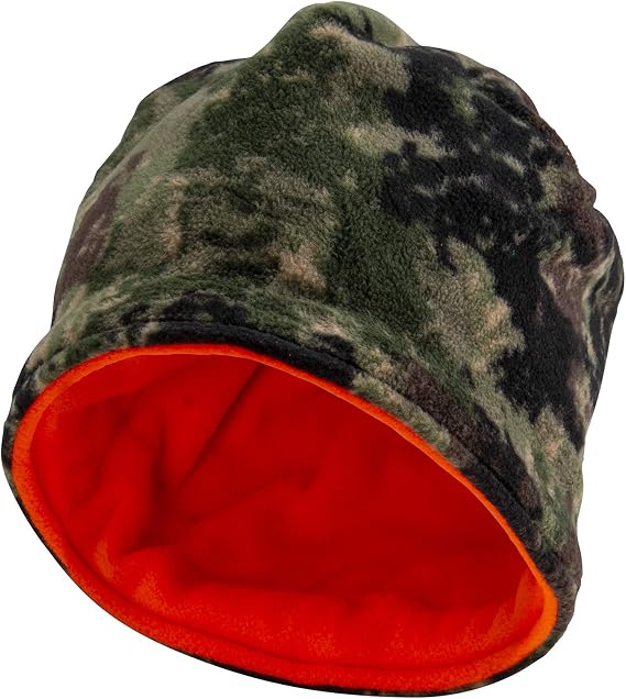 North Mountain Gear Reversible Men's Blaze Orange Beanie - Camoflauge Hunting Fleece Hat