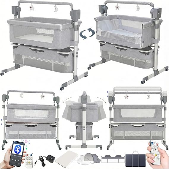 Magic ZC Electric Bluetooth Smart Next to Me Crib, Convertible Baby Bedside Crib, Foldable Co-Sleeping Bassinet, Infant Bedside Sleeper Cradle with Music, Remote and 5 Swaying Gears (601 Mid Grey)