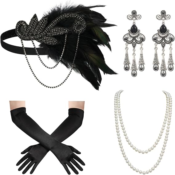 SWEETV 1920s Flapper Accessories Set for Women, Roaring 20s Great Gatsby Headband Flapper Costume Accessories