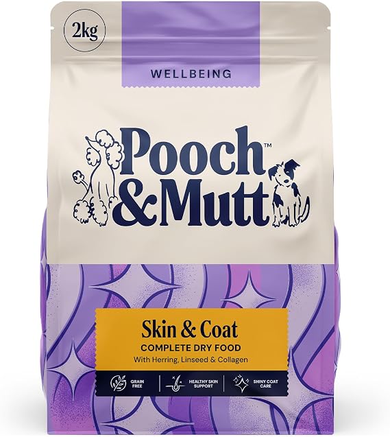 Pooch & Mutt - Skin & Coat Dry Dog Food, Herring & Linseed, 2kg | Regular Sized Kibble, For Dry and Itchy Skin, Grain Free, Complete Dog Food, Packaging May Vary