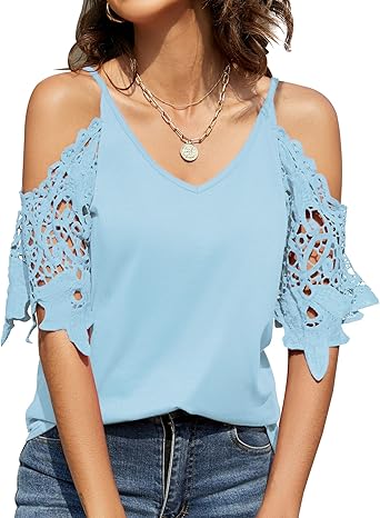 TFSDOD Womens Summer V Neck Cold Shoulder Tops T Shirts Cut Out Lace Short Sleeve Solid Color Blouses Shirt