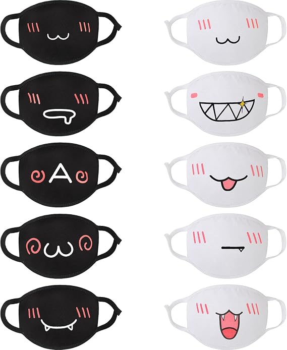 Zhanmai 10 Pieces Kawaii Mask Anime Face Mouth Mask Cute Mouth Covering Reusable Washable Mouth Mask, Black and White