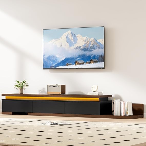 Extendable TV Stand with LED Lights (80 - 106), Modern TV Console with 3 Drawers, Wooden Reversible Entertainment Center Up to 120 Inch TV, Living Room, Bedroom (Black and Walnut)