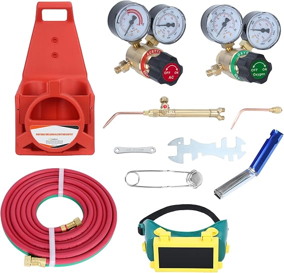 Oxy Acetylene Torch Kit, Portable Gas Cutting Welding Kit, Oxygen Acetylene Torch with 2 Welded Pipe and Cutting Nozzle (Red)