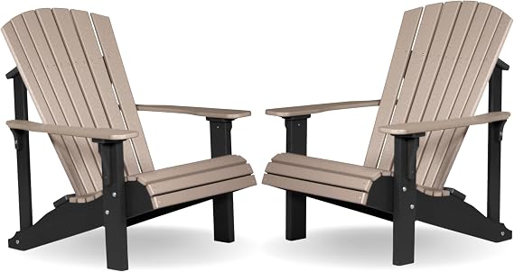 LuxCraft Deluxe Poly Adirondack Chair Set of 2, Outdoor Patio Firepit Chair Set of 2 (Weatherwood & Black)